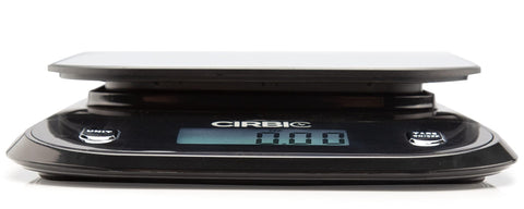 Cirbic Talking Kitchen Scale compact 6x8.5-inch footprint on busy countertops.