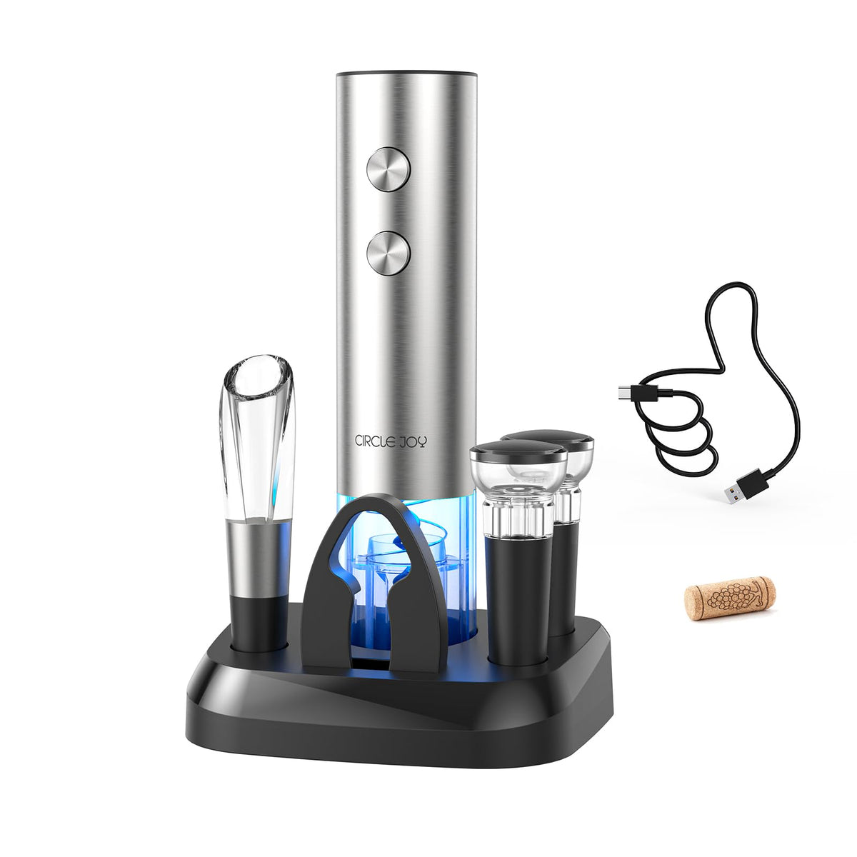 Circle Joy Electric Wine Opener on bottle showing quick cork removal