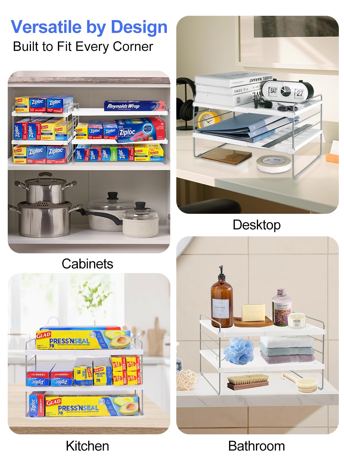 Cirhy multi-purpose space saver fits on countertops, under sinks, or in cabinets.
