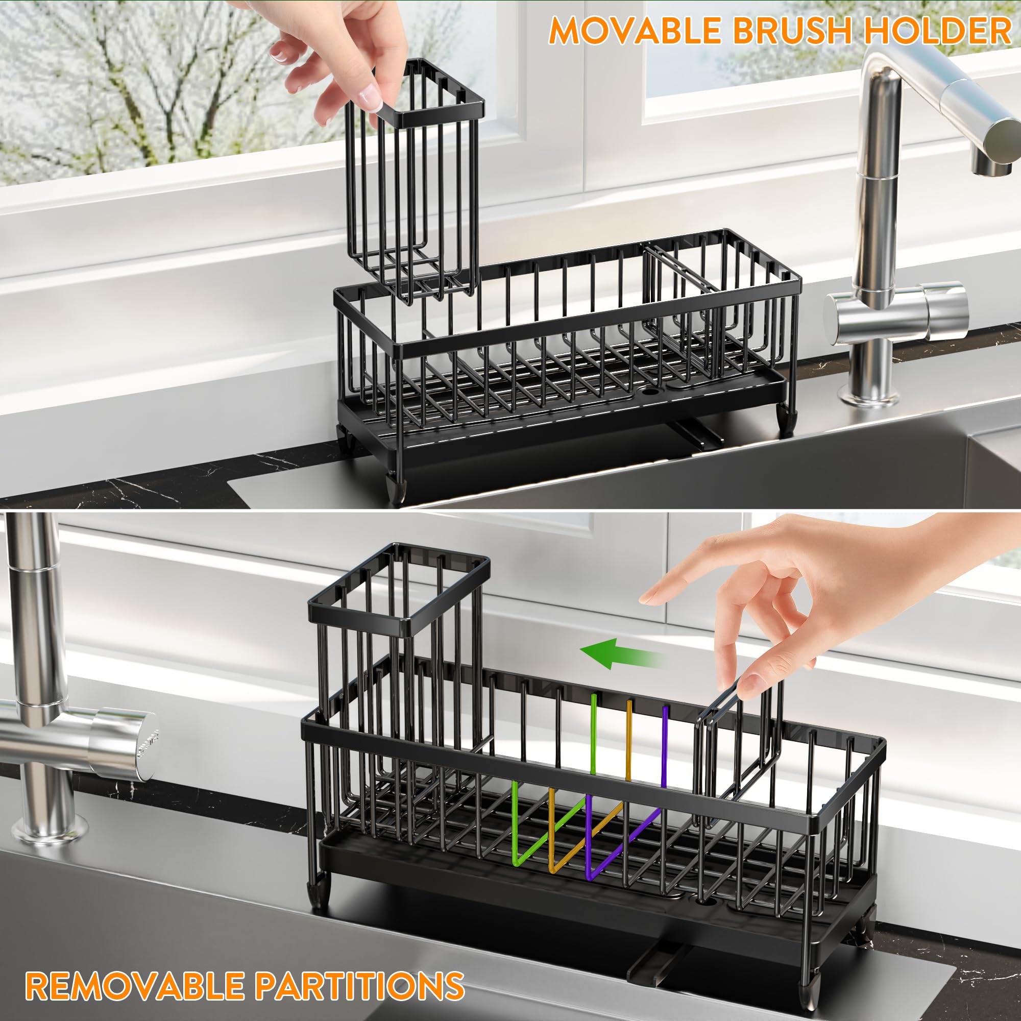 Cisily adjustable dividers customize space for soaps and sponges.