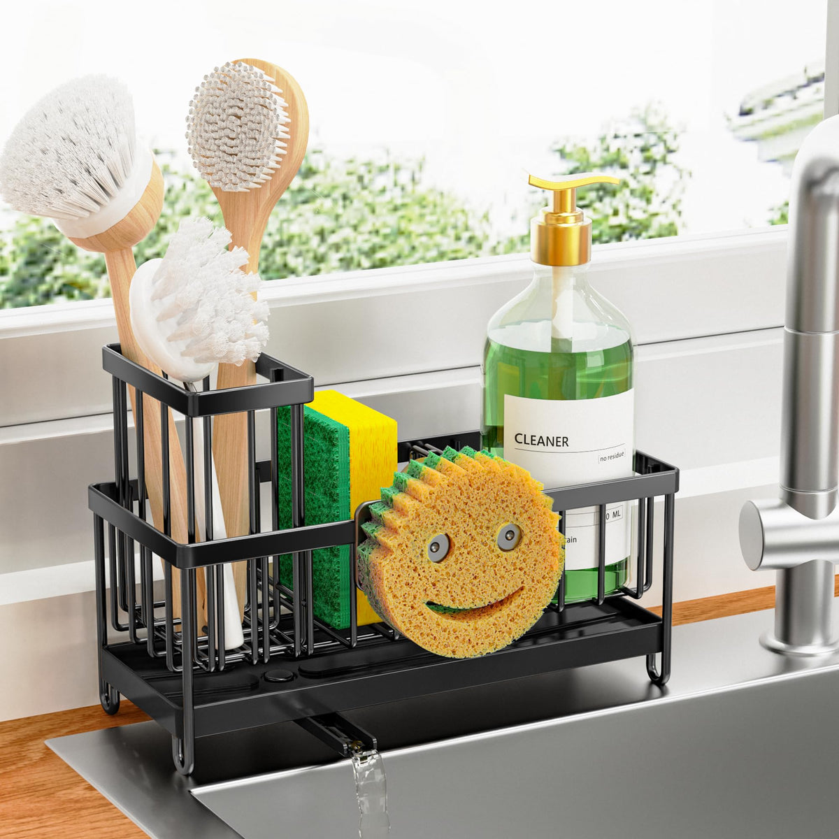 Cisily Black Smiley Face Dish Sponge Holder keeps the sink area tidy and dry
