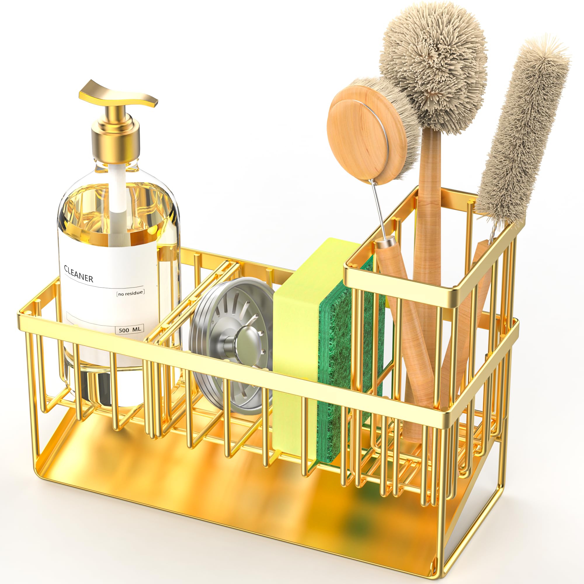 Cisily triple storage divider keeps sponge, bottle, and brushes organized