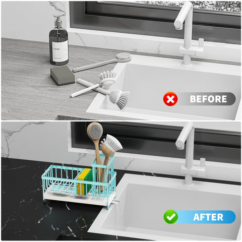 Cisily ready-to-use sink caddy sits on the counter for instant organization.