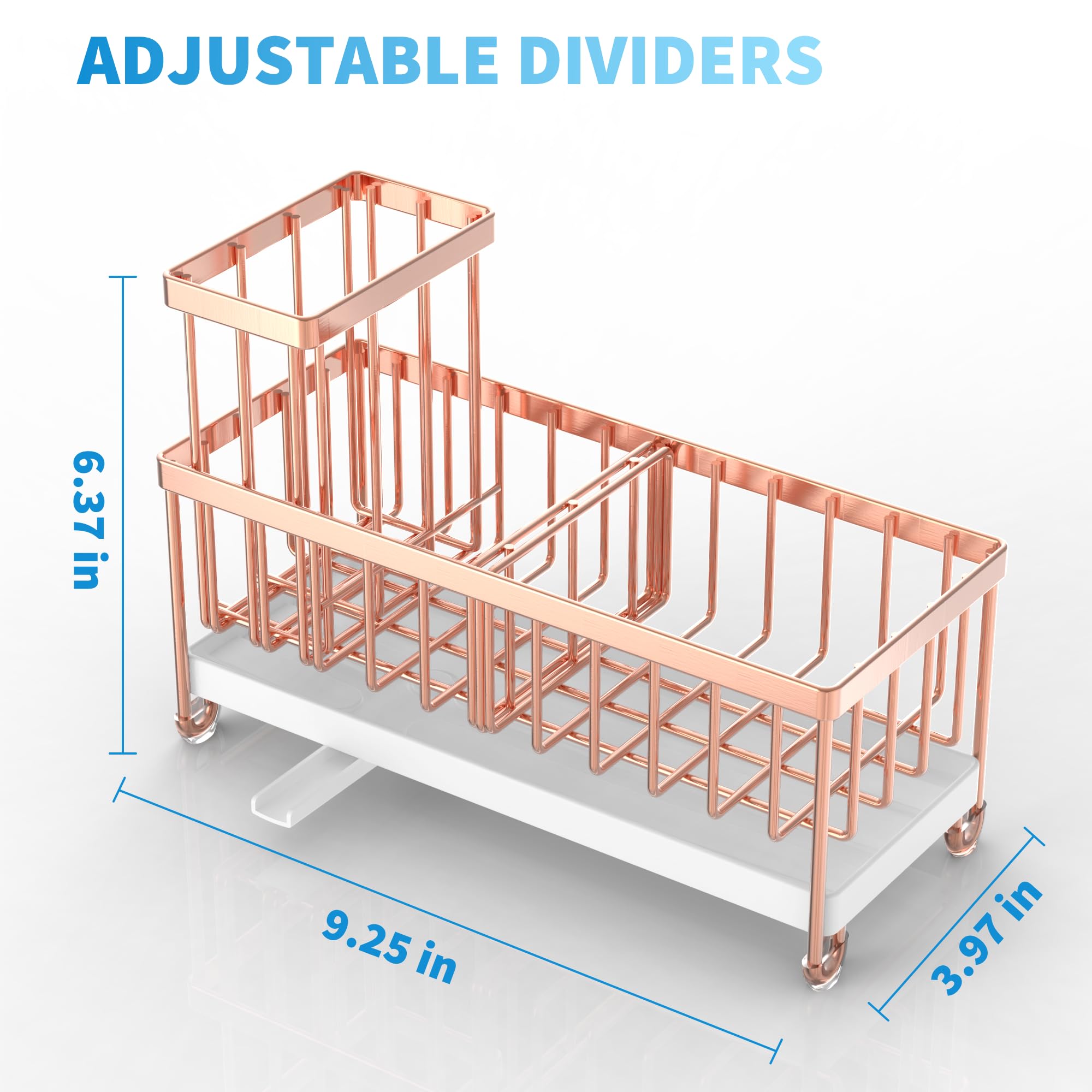 Cisily Rose Gold Sink Caddy with compact footprint saves countertop space.