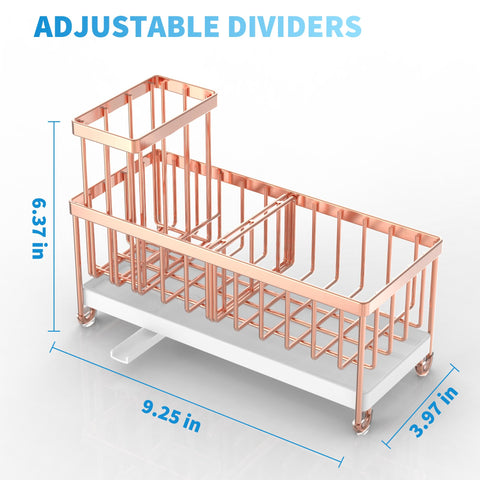 Cisily Rose Gold Sink Caddy with compact footprint saves countertop space.