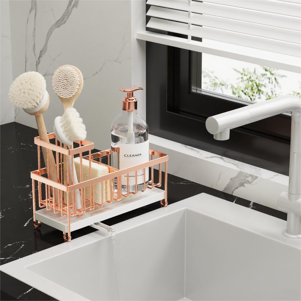 Rose gold finish adds stylish touch to kitchen counters and sinks.