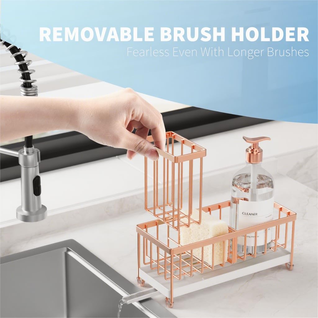 Cisily Rose Gold Sink Organizer offers three separate compartments for tidy items.