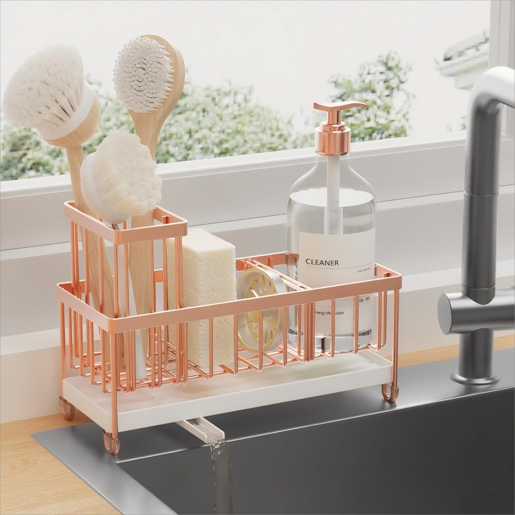 Cisily Rose Gold Sponge Holder with rotatable spout keeps counter dry.