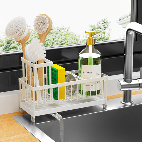 Cisily sink caddy with rotatable spout directs water into the sink for a dry countertop