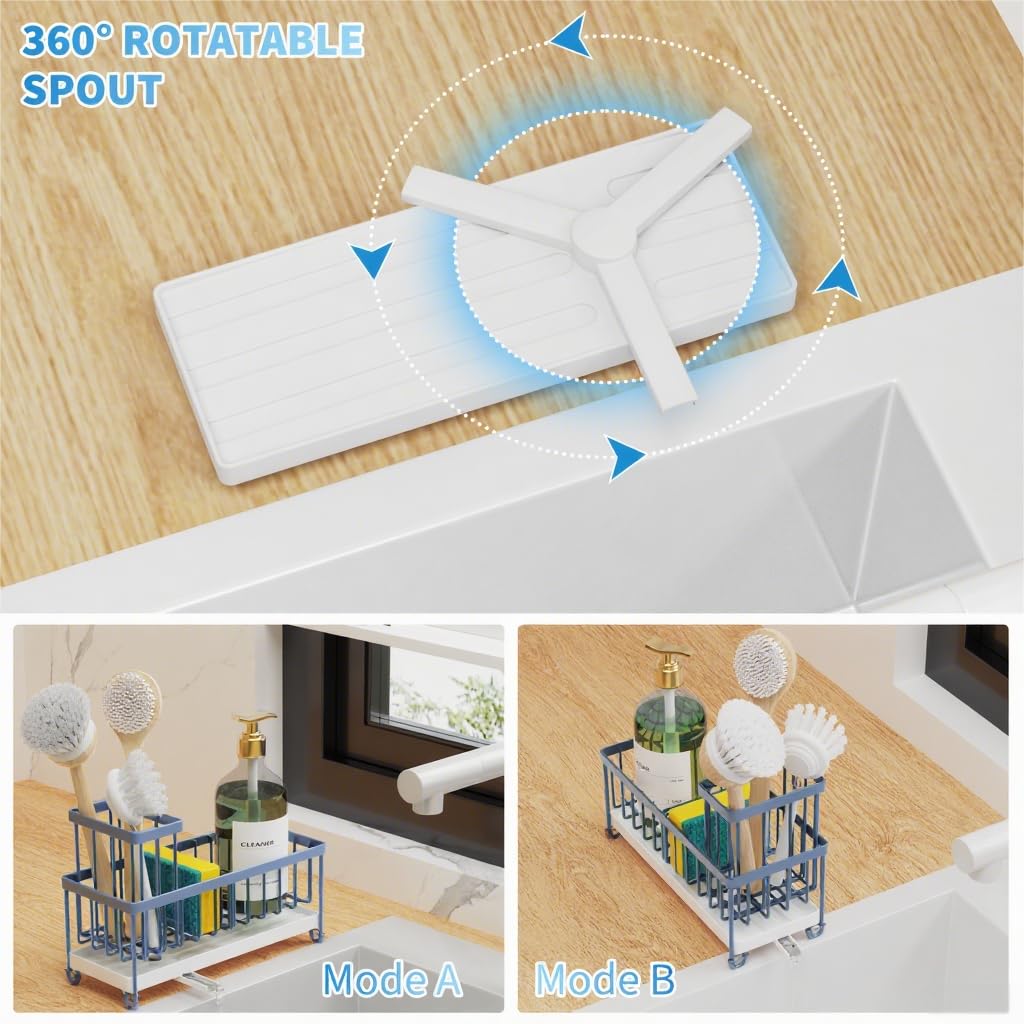 Cisily blue gray sink caddy maximizes small kitchens with compact footprint.