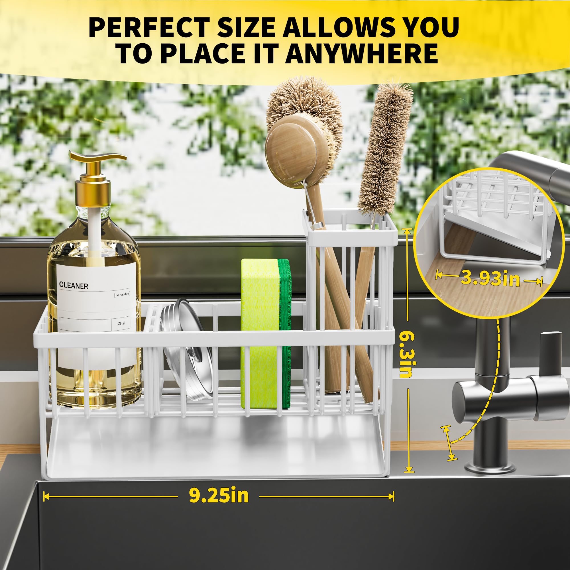 Cisily Sink Caddy dish sponge organizer with sponge, stopper and bottle accessible