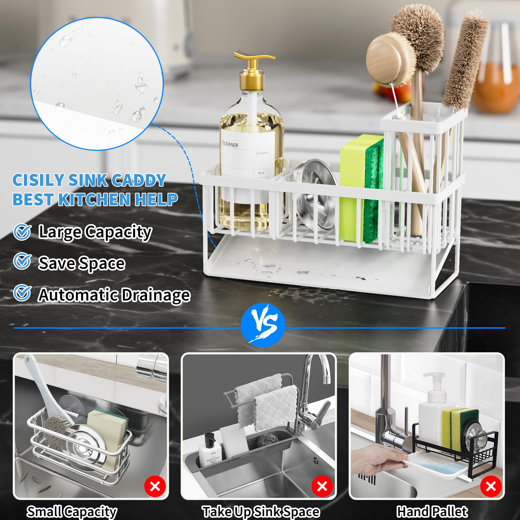 Cisily Sink Caddy upgraded brush holder keeps cleaning tools within easy reach