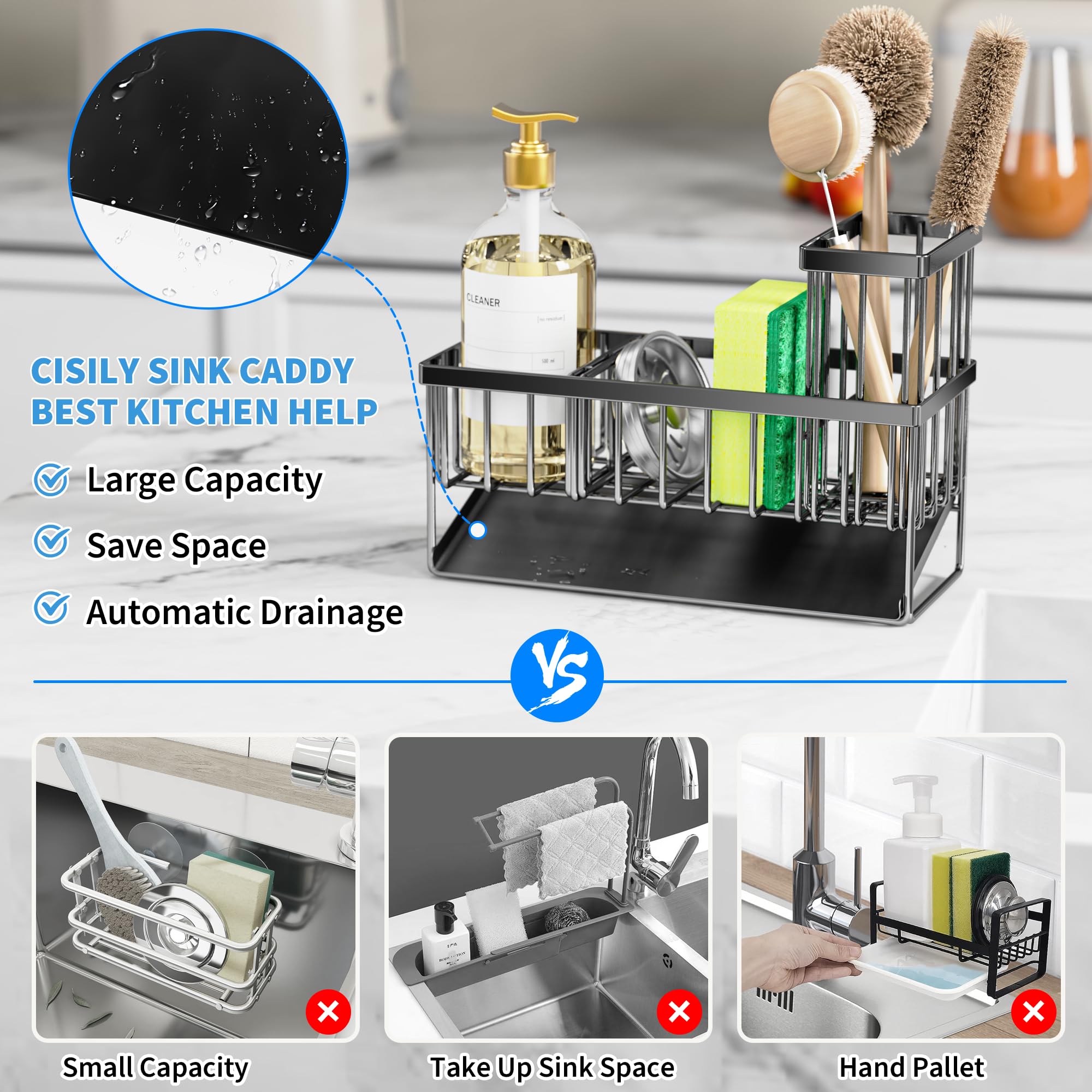 Cisily sink organizer with sponge holder keeps sponges dry and tidy.