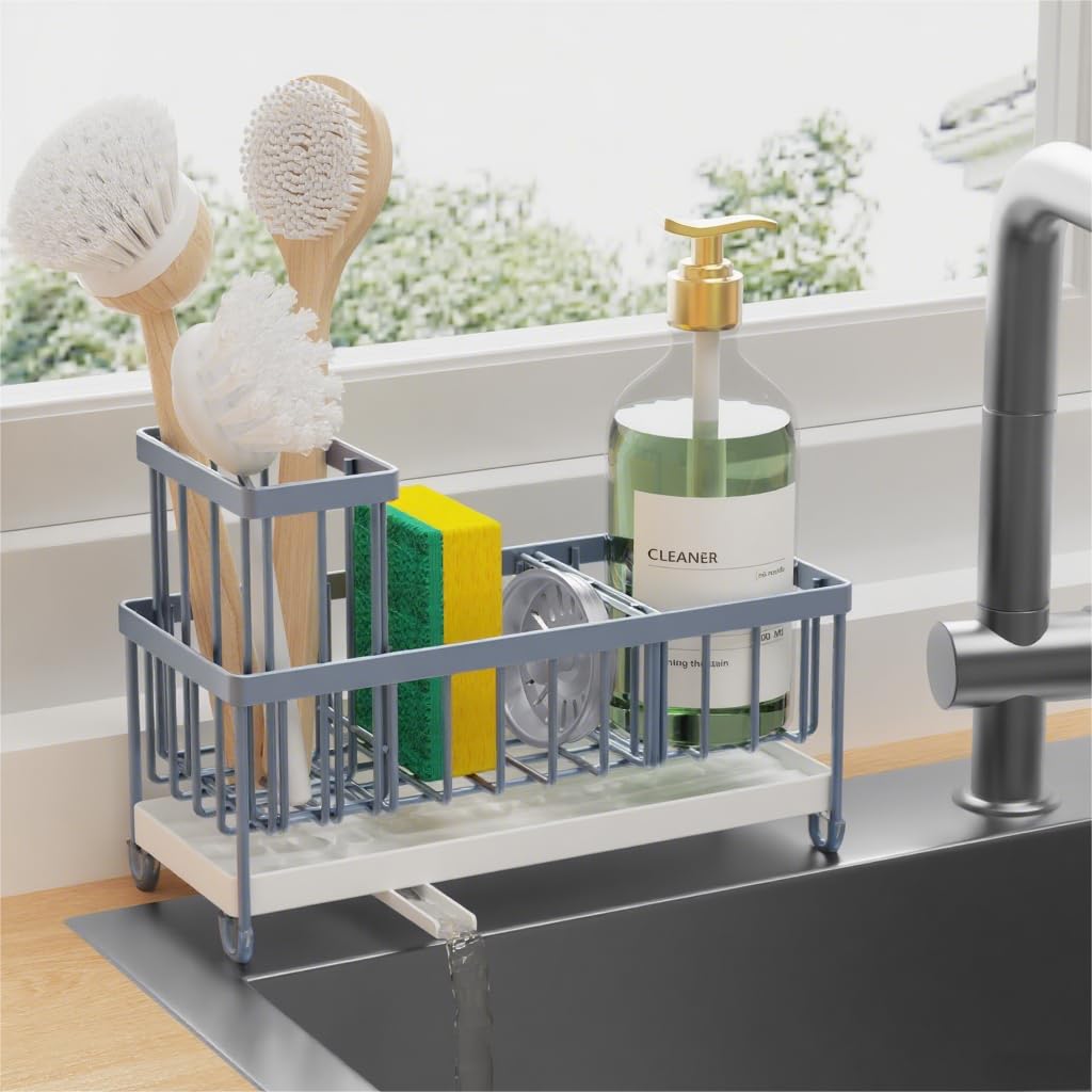 Cisily sponge holder with rotatable spout keeps countertop dry and tidy.