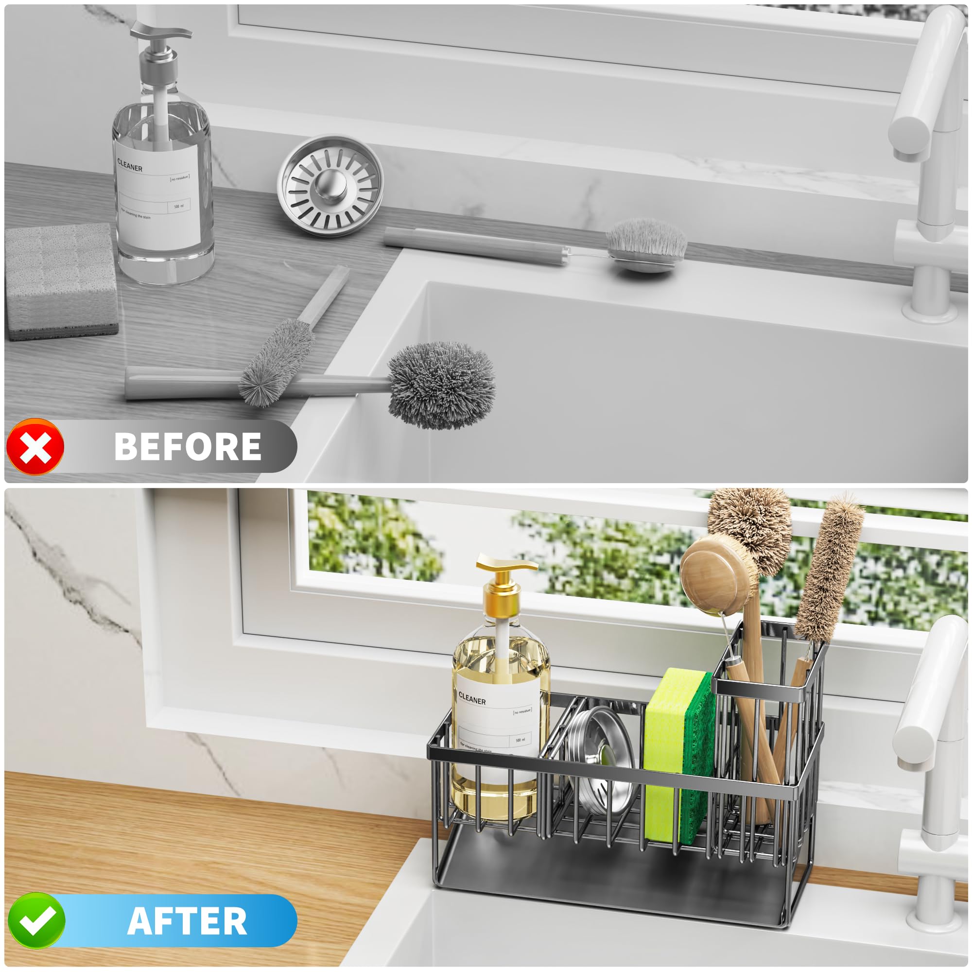 Cisily three-compartment divider separates items for cleaner counters.
