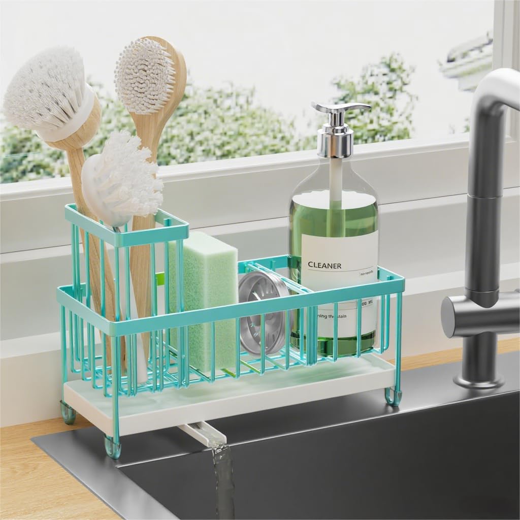 Cisily turquoise sponge holder on sink keeps sponges organized and countertops dry.