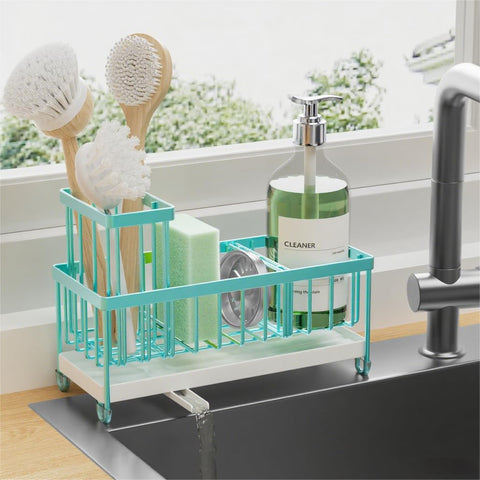 Cisily turquoise sponge holder on sink keeps sponges organized and countertops dry.