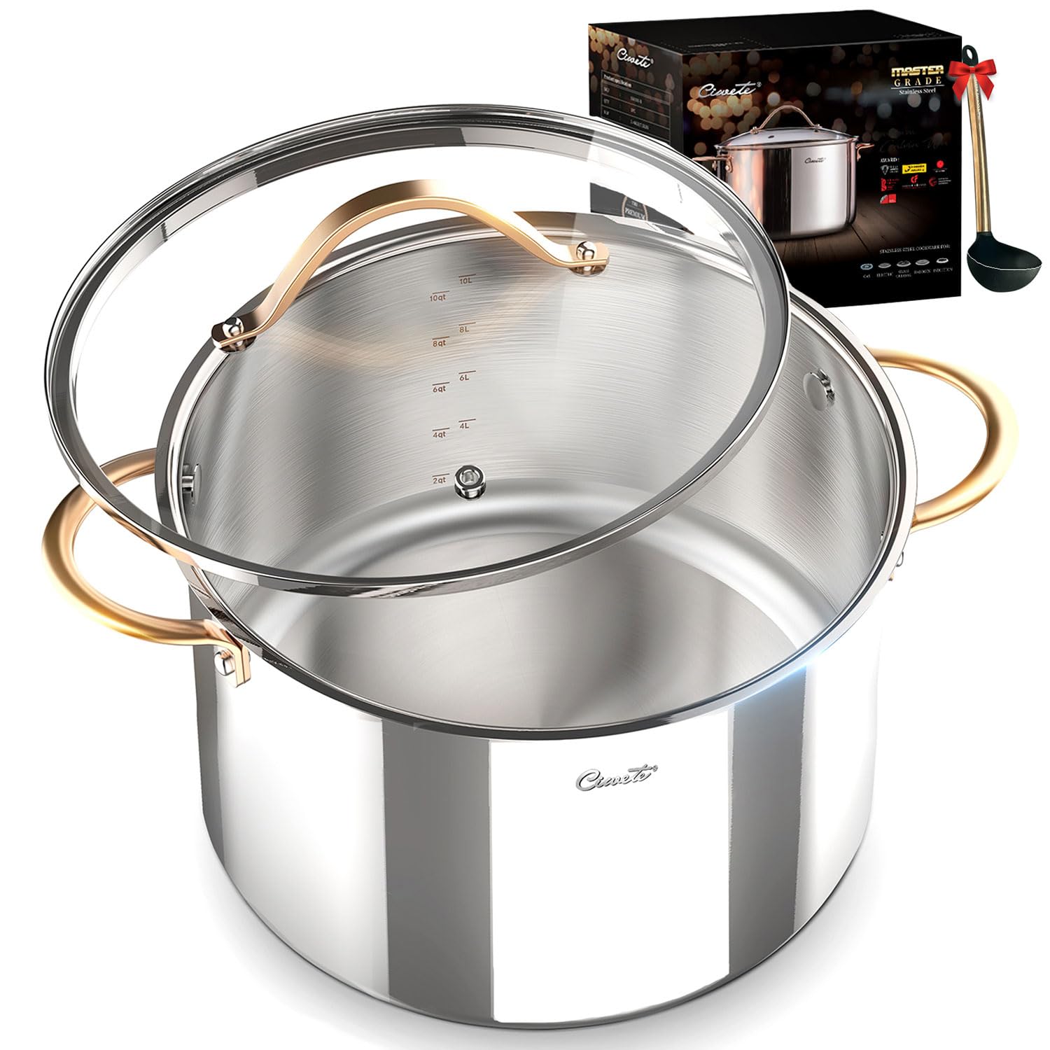 Ciwete 12 Qt tri-ply stock pot on stove with copper handle for even heating