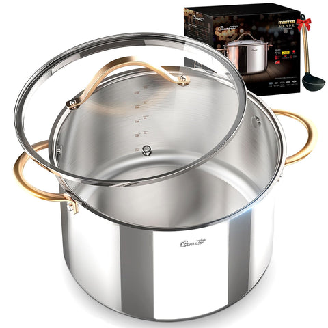 Ciwete 12 Qt tri-ply stock pot on stove with copper handle for even heating