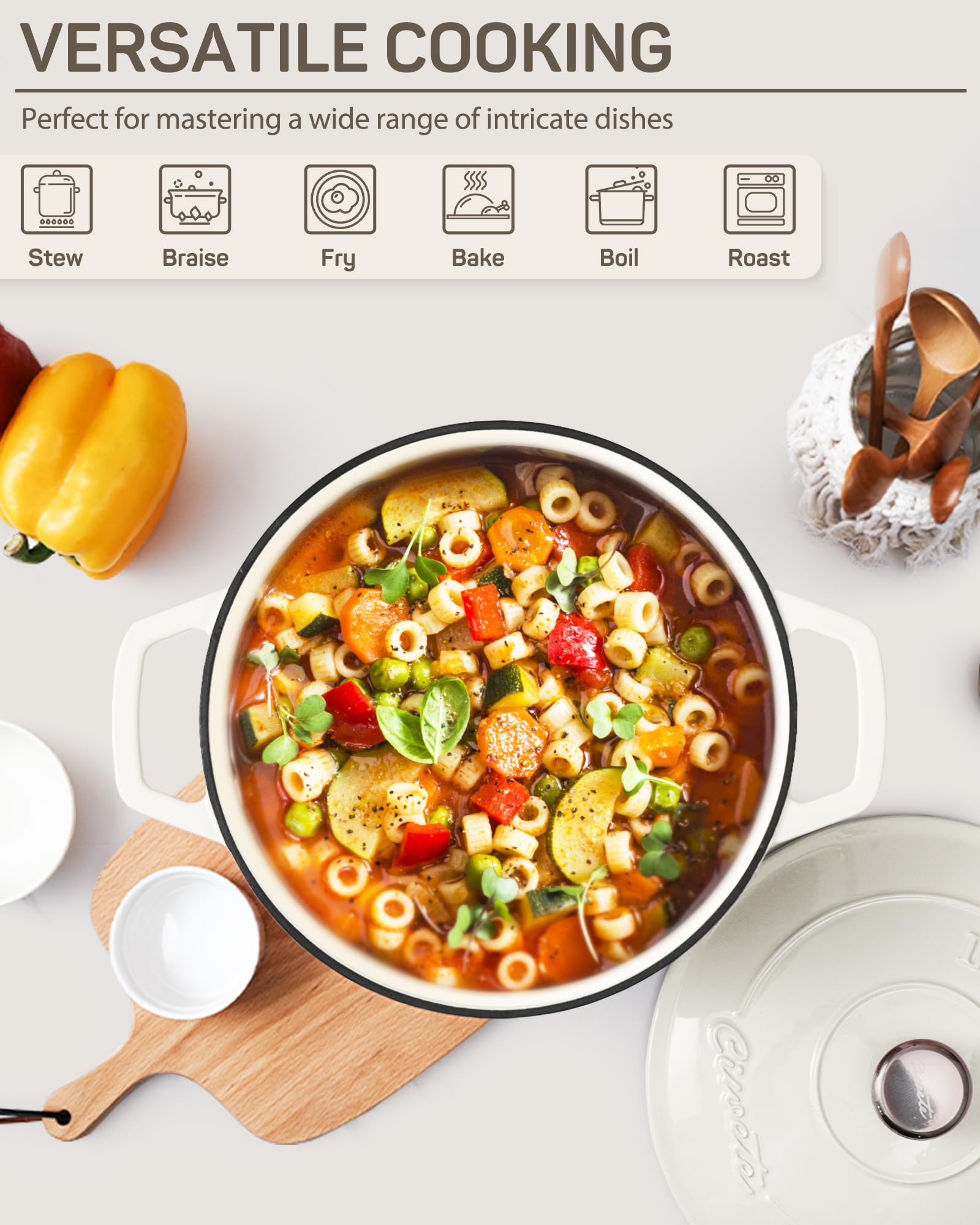 Ciwete 6 Qt Dutch Oven dual handles provide a secure grip for lifting.
