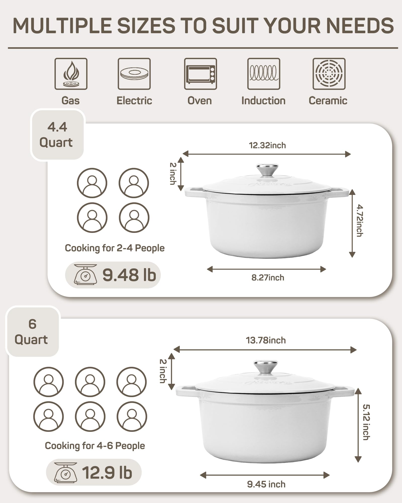 Ciwete enamel interior keeps cleanup quick and simple after cooking.