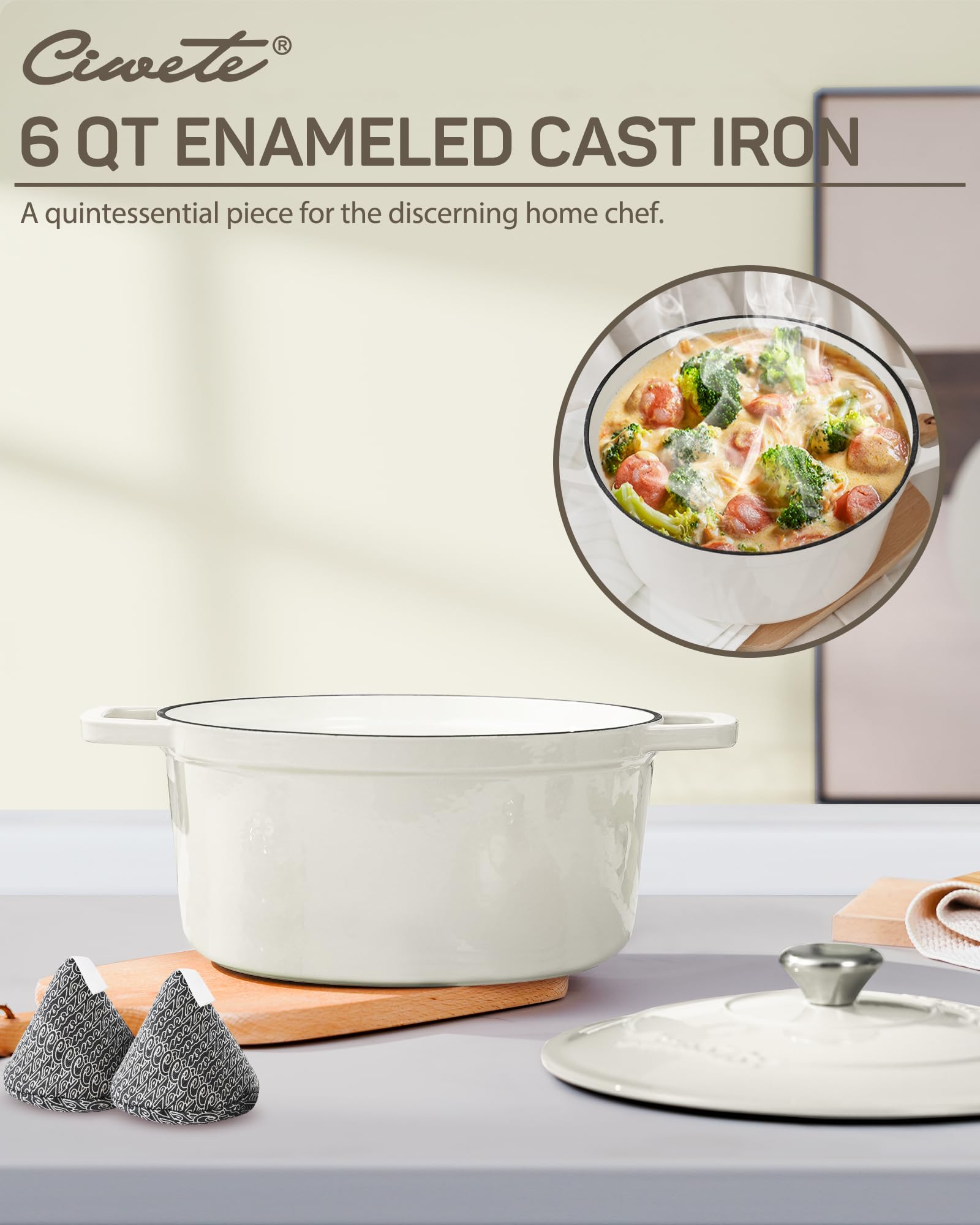 Ciwete 6 Qt Dutch Oven enamel interior enables easy release and quick cleanup.
