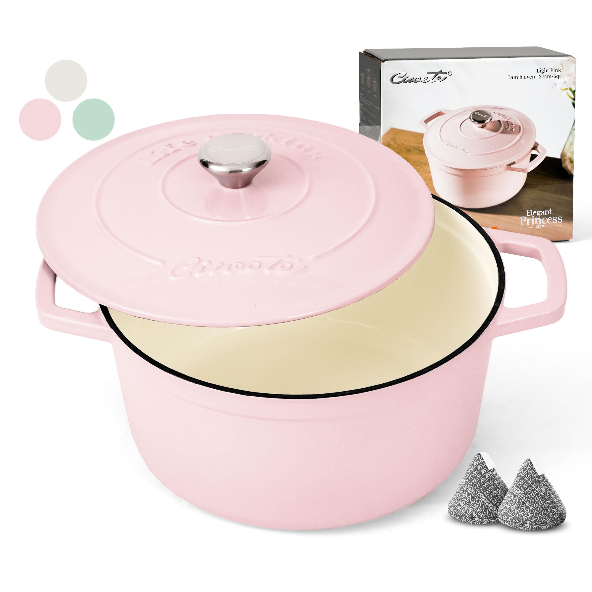 Ciwete 6 Qt pink dutch oven with lid, perfect for braising and bread making at home.