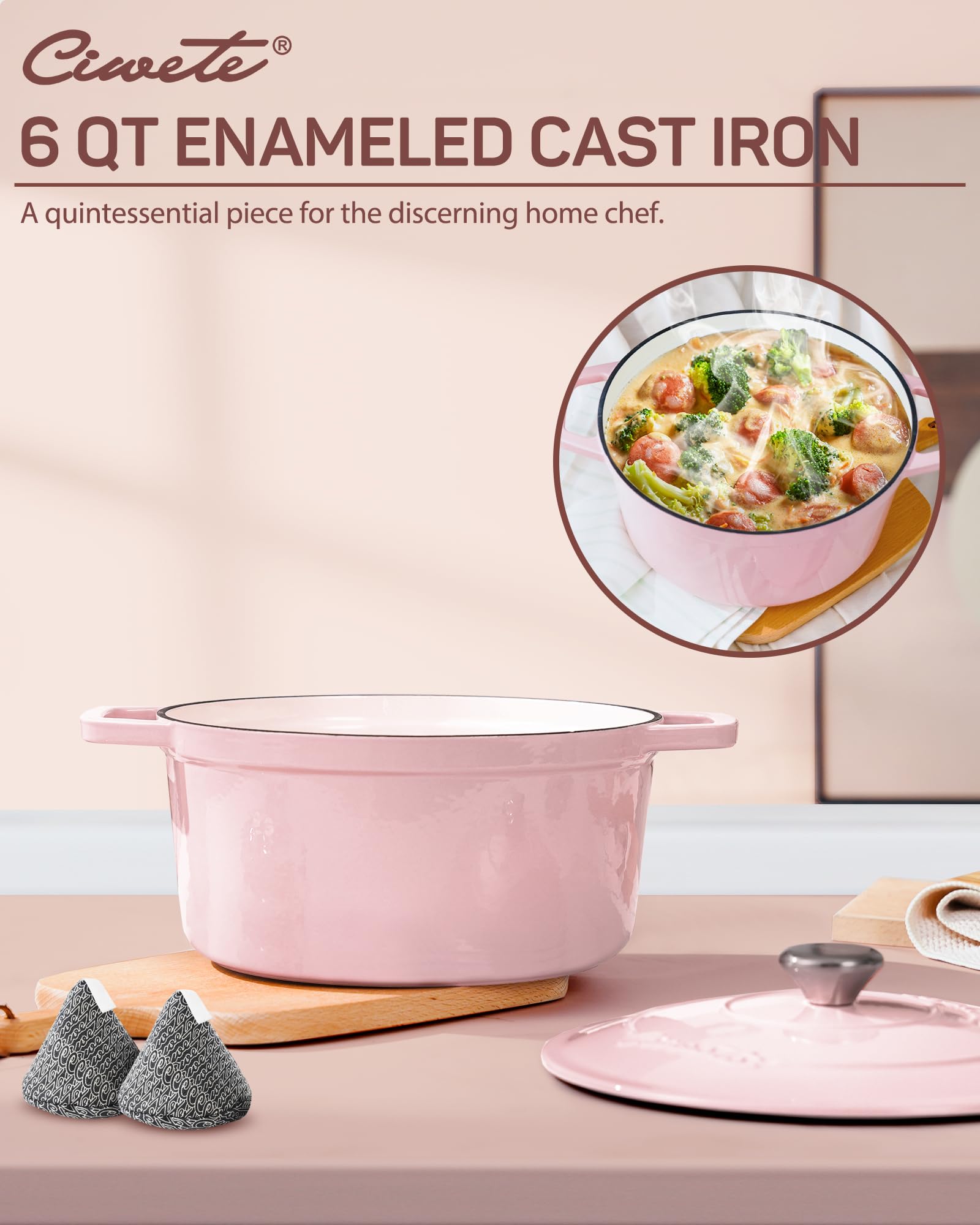 Ciwete pink dutch oven side view showcases dual handles for easy lifting.