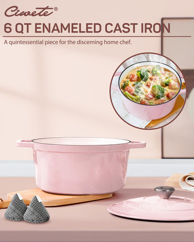 Ciwete pink dutch oven side view showcases dual handles for easy lifting.