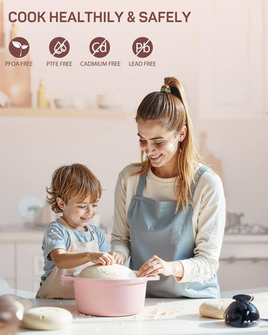 Ciwete dutch oven on pink dual-handles offer secure grip for transfers.