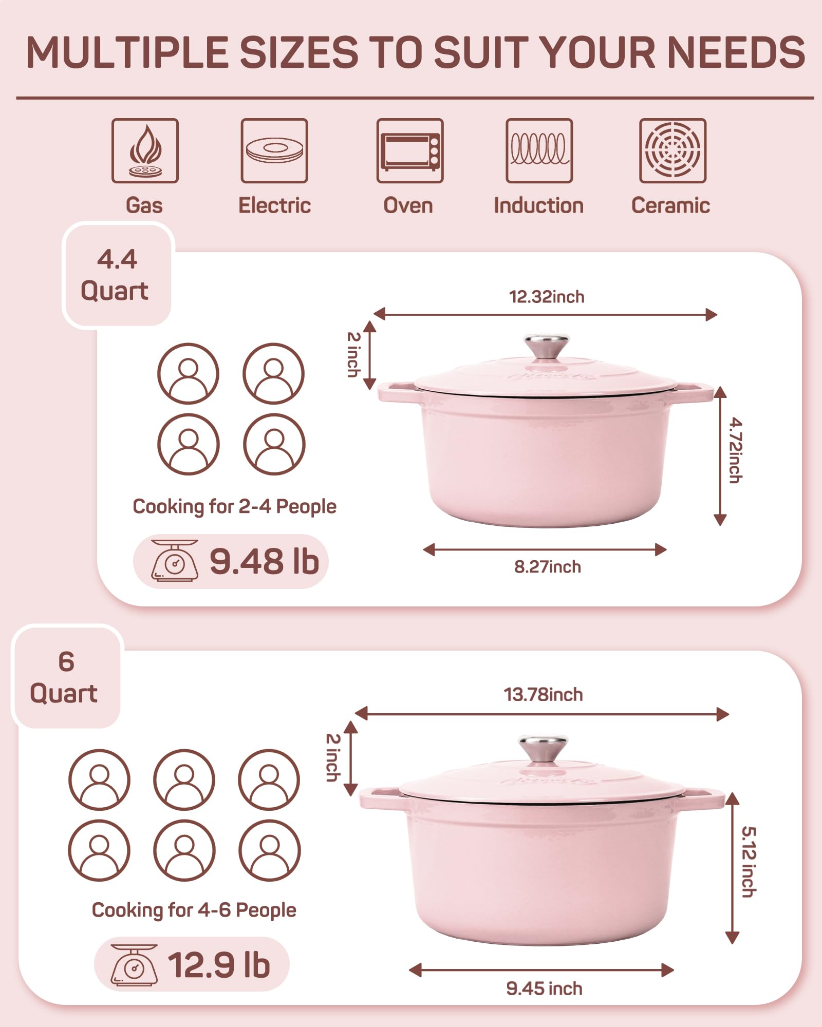 Ciwete pink dutch oven in oven-safe use up to 500F for versatile cooking.
