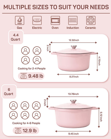 Ciwete pink dutch oven in oven-safe use up to 500F for versatile cooking.