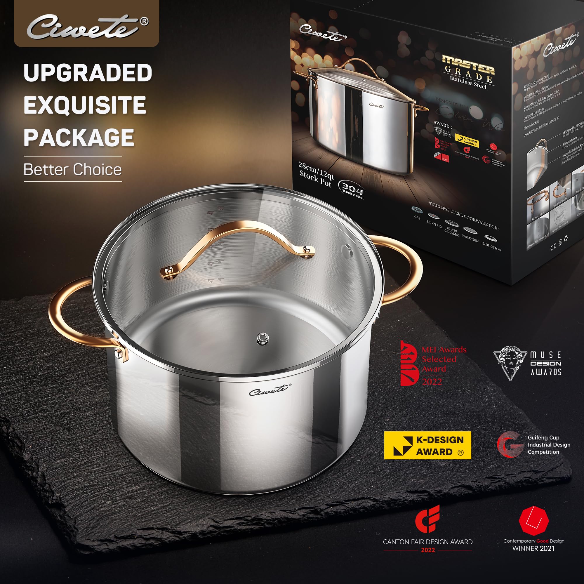 Ciwete stock pot dual-scale measurements for quarts and liters