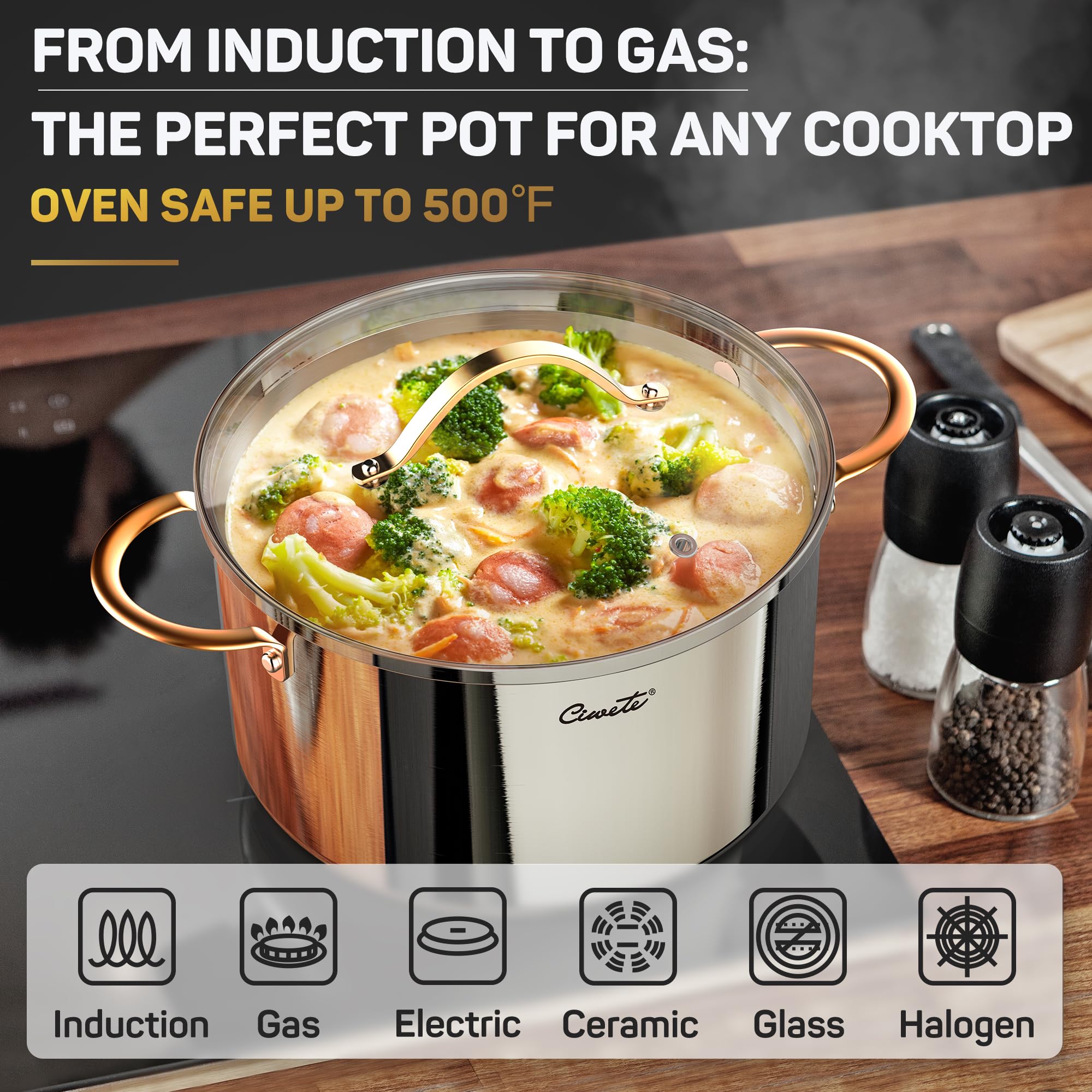 Ciwete stock pot oven safe up to 500F label