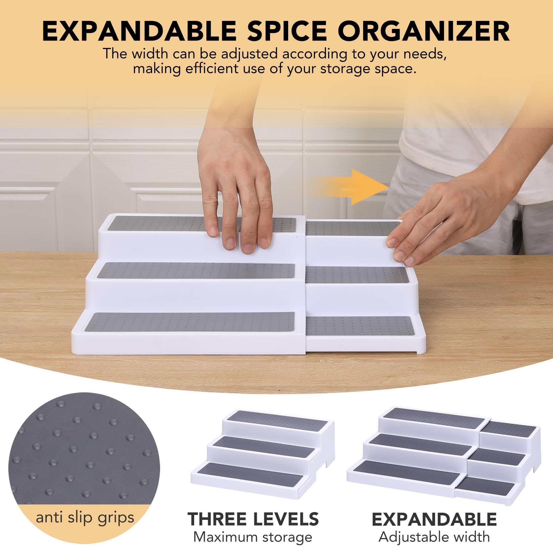 CiWiVOKi extendable width adjusts to cabinet or pantry spaces