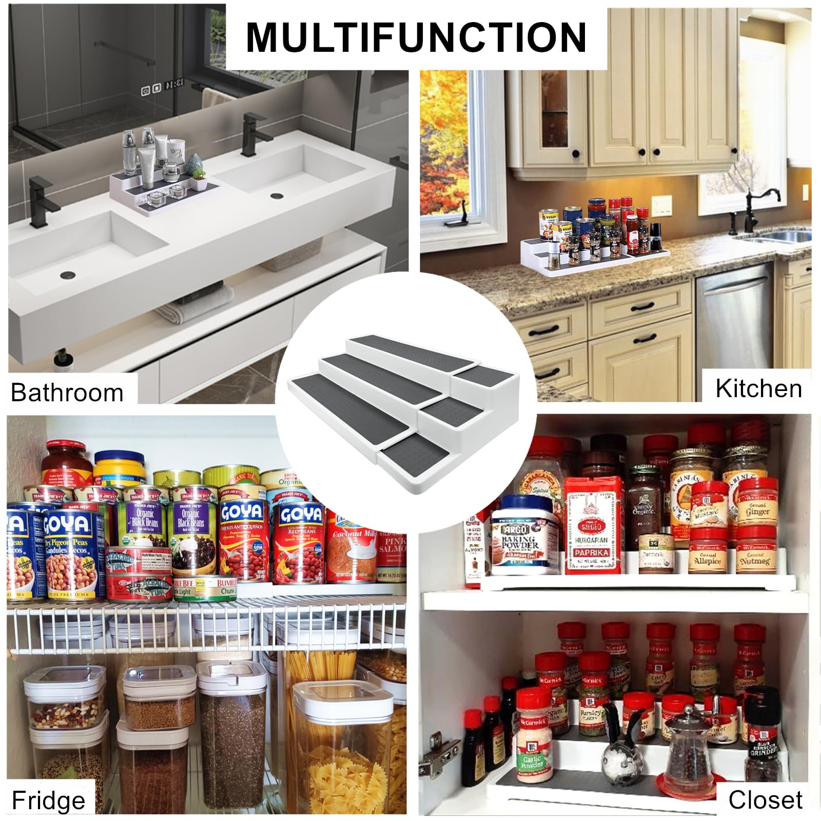 CiWiVOKi spice rack organized for spices, cans, and medicine bottles