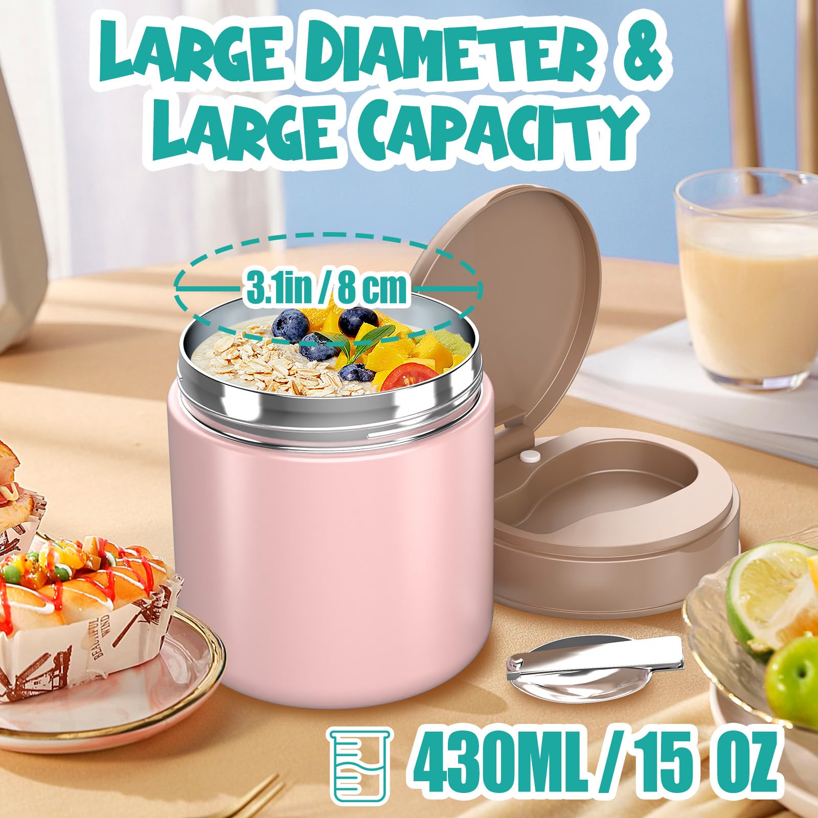 CJACJA pink insulated food jar features leak-proof cap to prevent spills