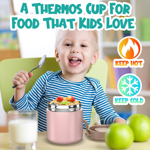 CJACJA pink insulated food jar with spoon included for mess-free school lunches
