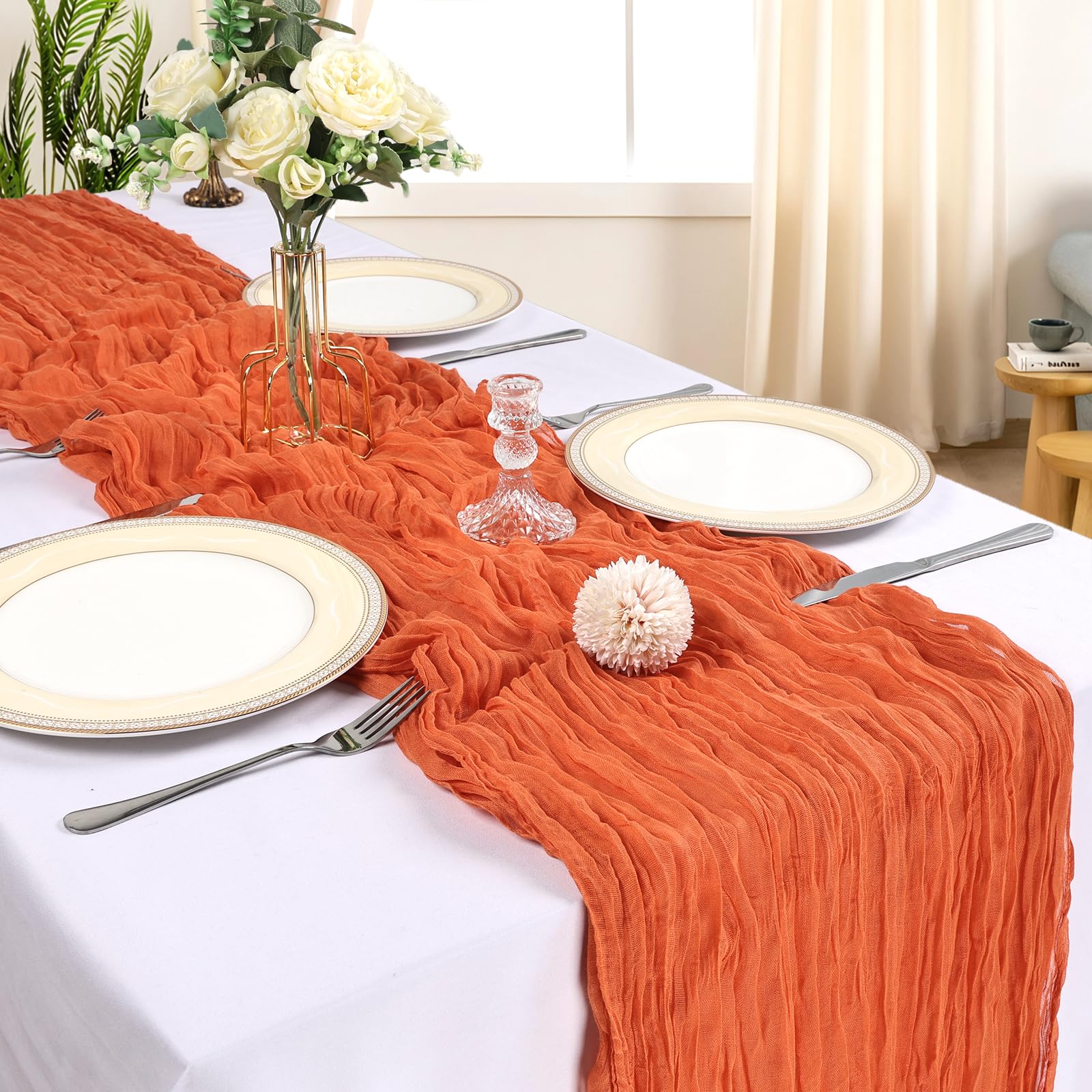 CKIKU 21x120-inch orange cheesecloth table runner drapes beautifully on long tables