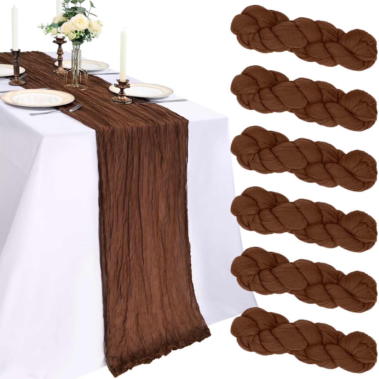 CKIKU brown cheesecloth table runner enhances rustic dining tables with a versatile six-pack setup.