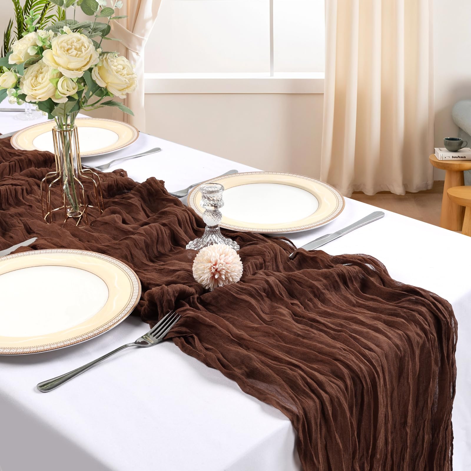 CKIKU brown cheesecloth runner closeup shows gauze texture and soft drape for chic decor.