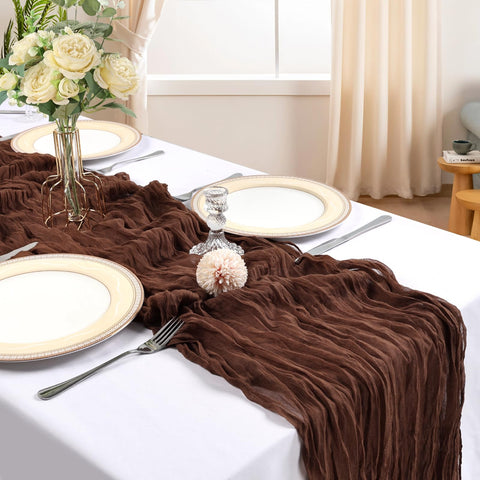 CKIKU brown cheesecloth runner closeup shows gauze texture and soft drape for chic decor.