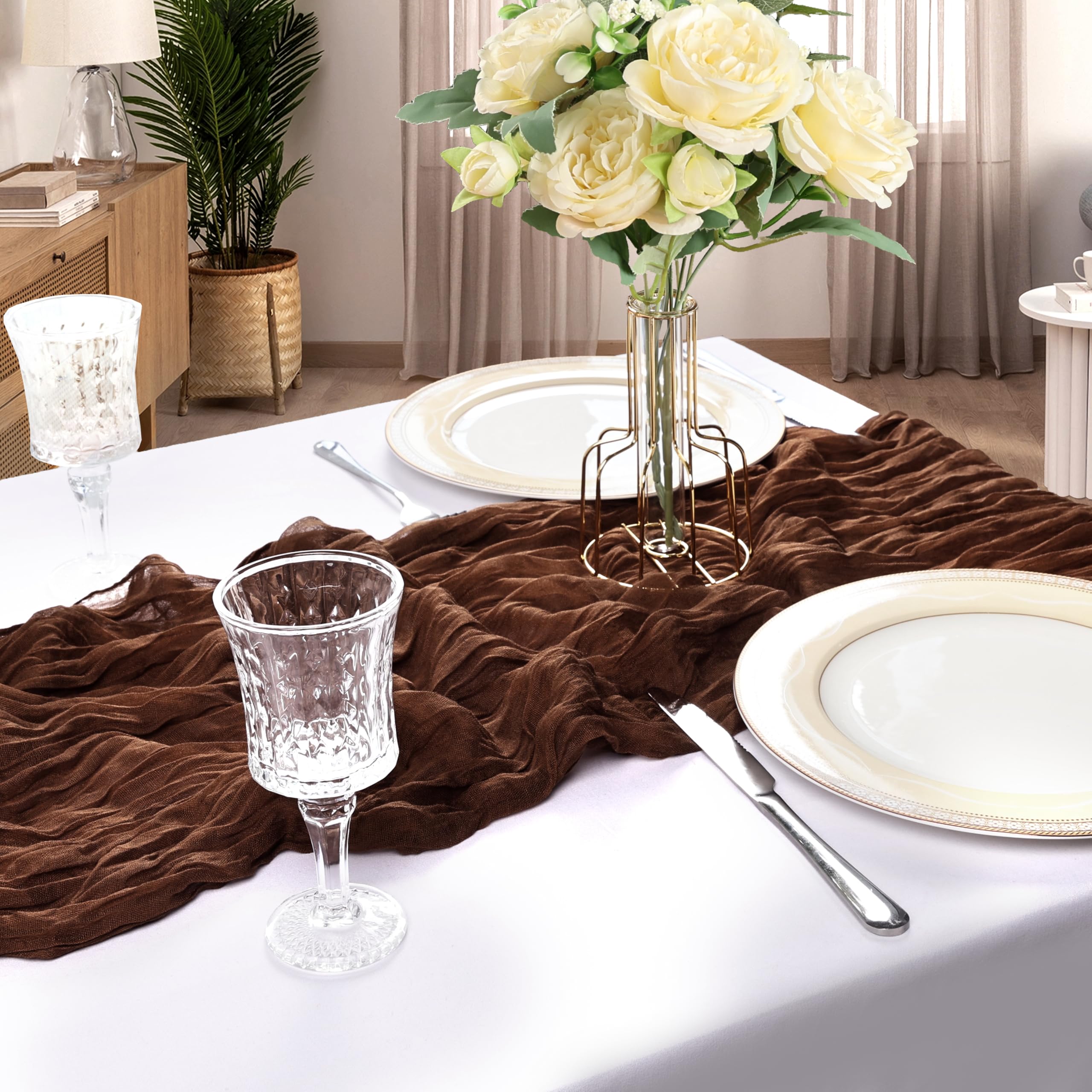 CKIKU brown cheesecloth runner with easy-care fabric for repeat-use celebrations.
