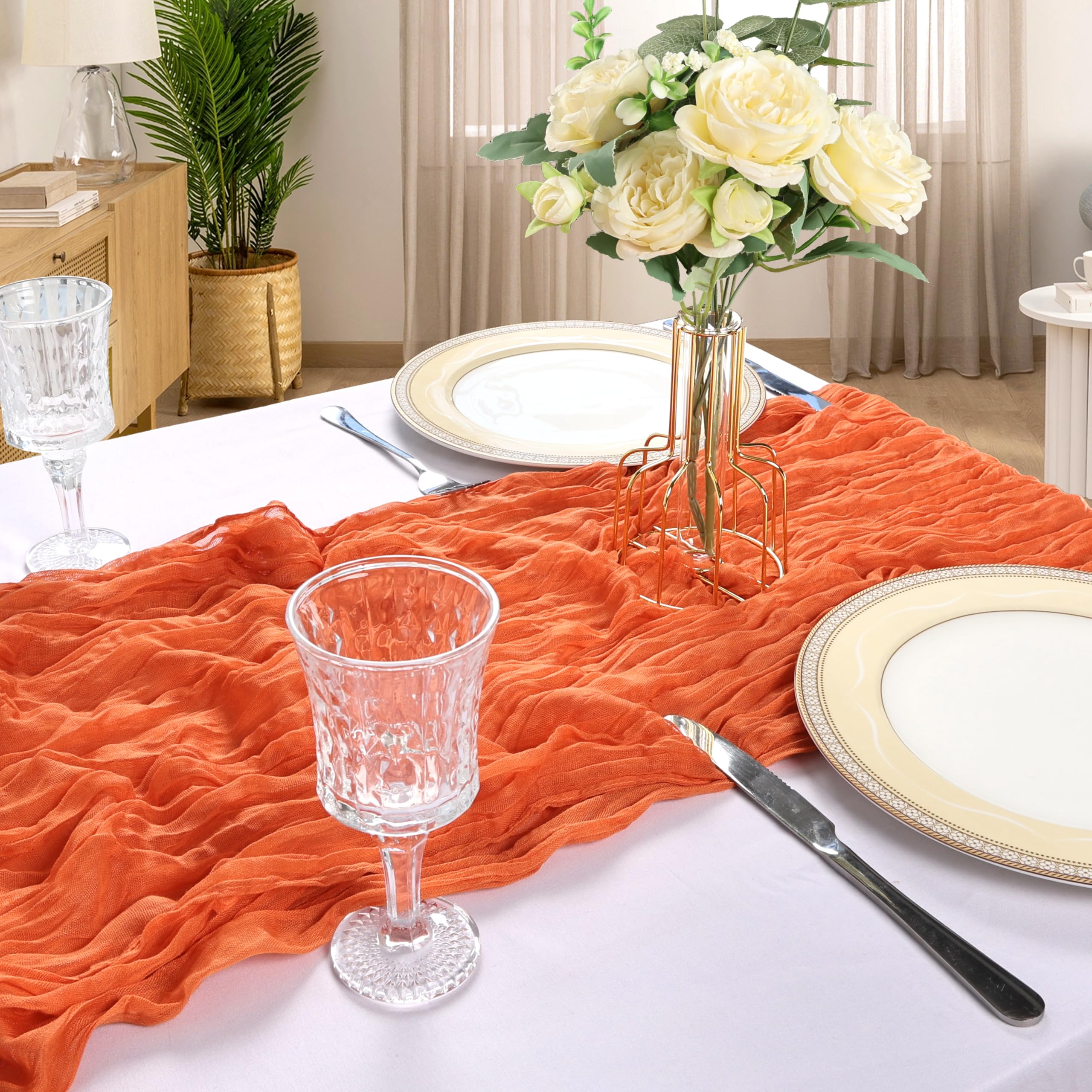 CKIKU easy-care orange cheesecloth table runner machine washable and reusable