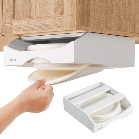 CKIU bamboo paper plate dispenser under cabinet with white finish keeps 10-inch plates orderly.