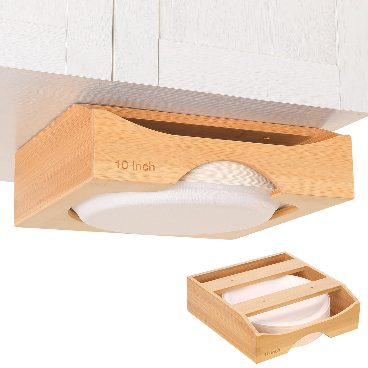 CKIU under-cabinet 10-inch bamboo plate dispenser front view highlights space-saving design.