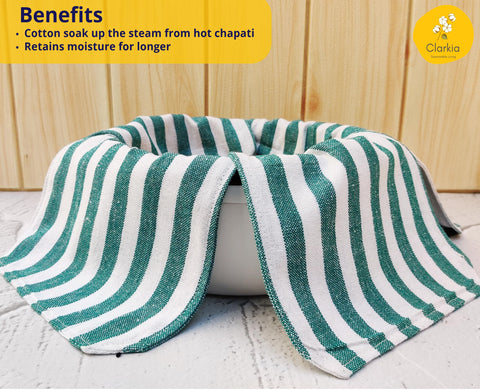 Clarkia green roti wrap close-up shows durable cotton and secure folds.