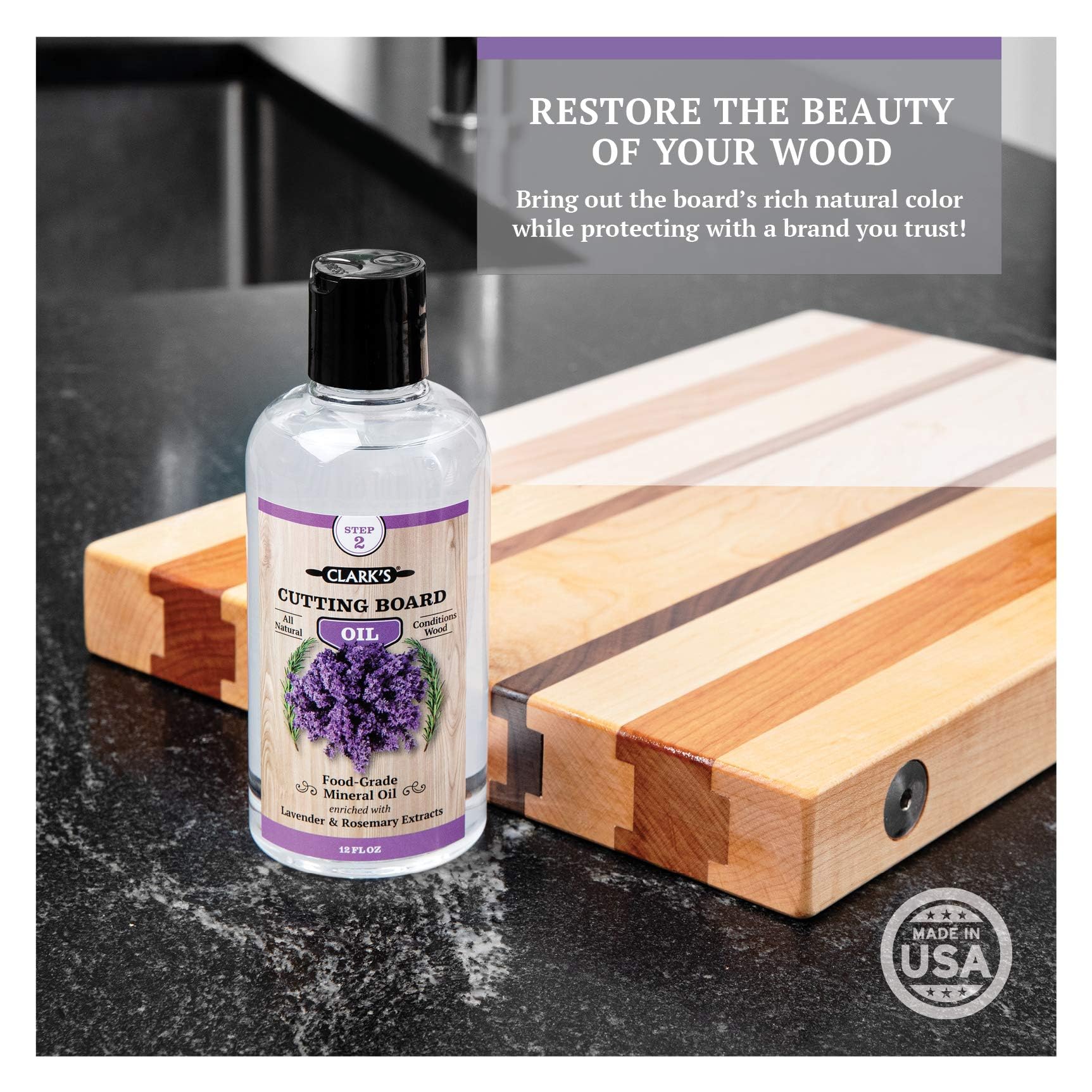 CLARK'S Cutting Board Oil packaging highlighting USA-made quality and food-grade safety.