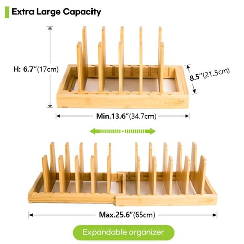 Cleanclue bamboo expandable bakeware organizer fits shelves with ease.