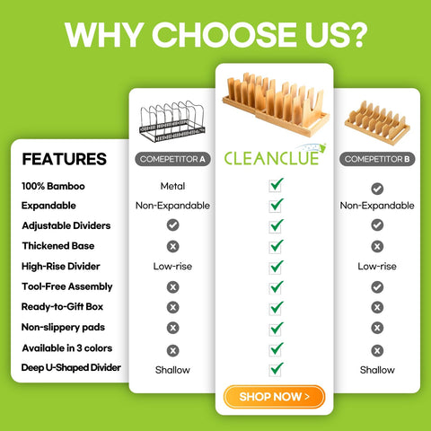 Cleanclue deep U-shaped dividers neatly store knobbed lids.